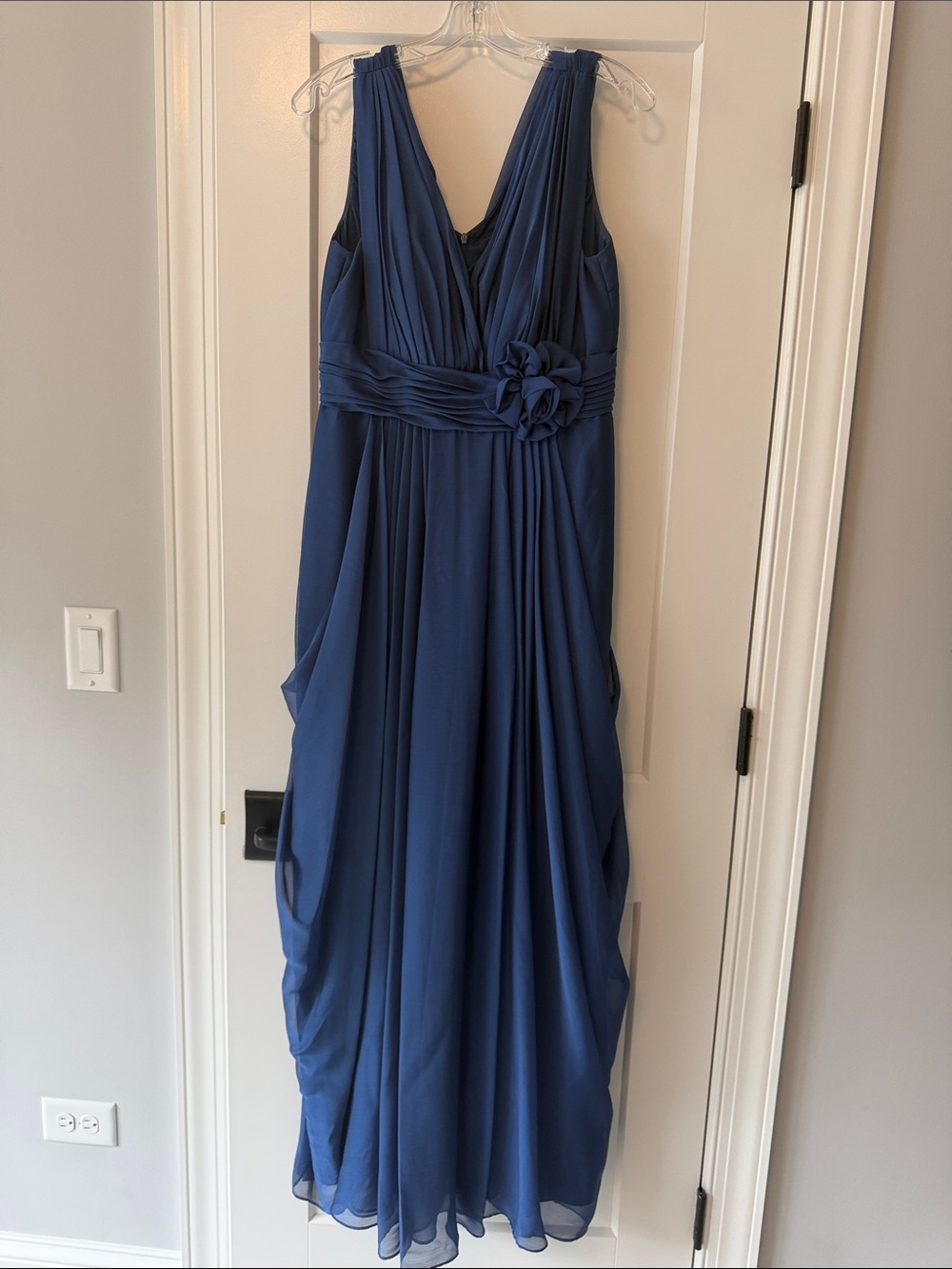 JS Collections Elegant Navy Blue V-Neck Chiffon Evening Dress